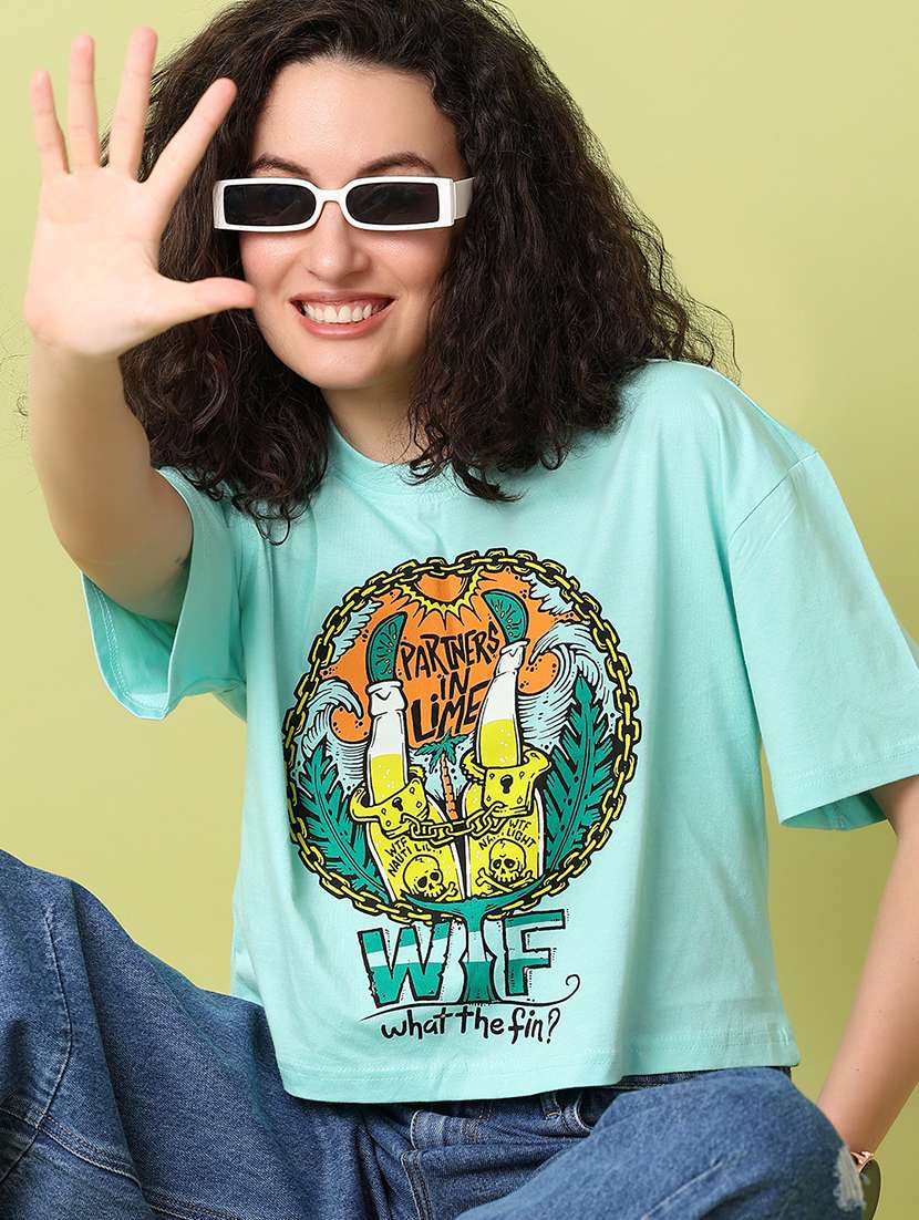 women sea green printed crop t-shirt - 21349616 -  Standard Image - 3