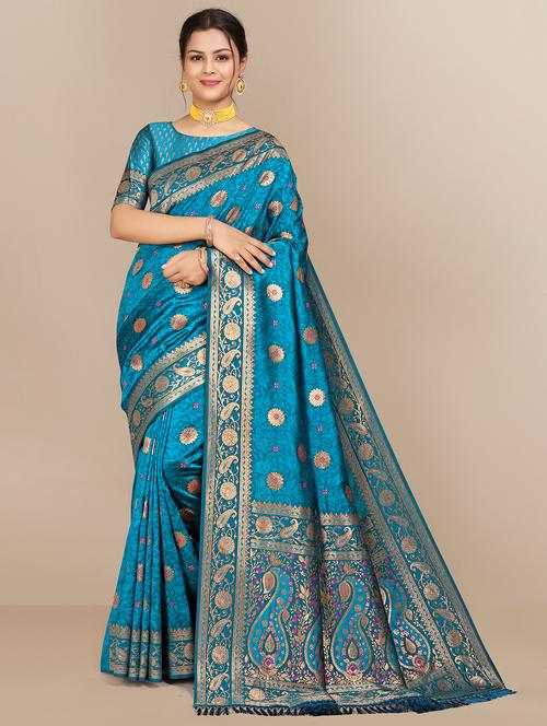 turquoise silk banarasi saree - 21351276 - Standard Image - 0