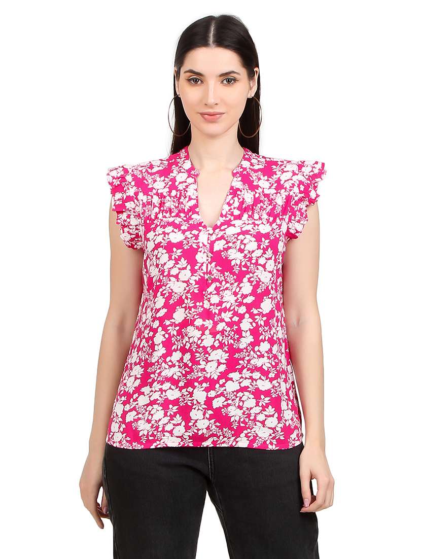 women printed mandrain neck straight  top