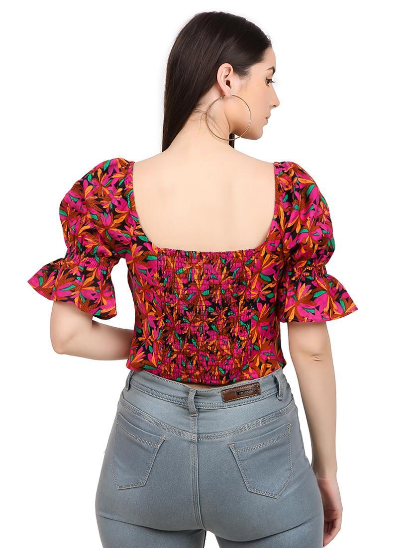 women printed smocked detailed crop top - 21352100 - Standard Image - 3