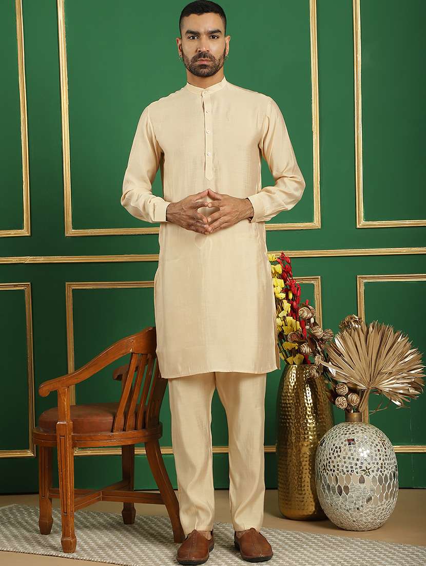 men solid mandarin neck kurta pyjama ethnic wear set