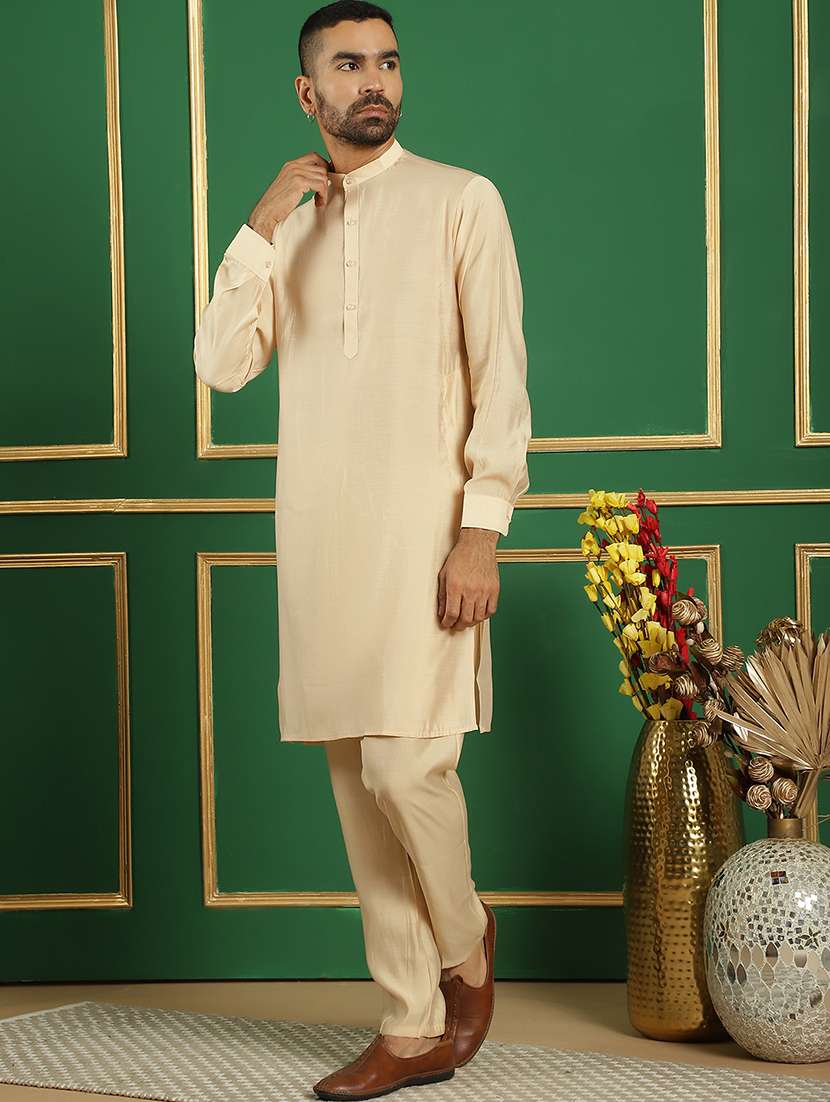 men solid mandarin neck kurta pyjama ethnic wear set - 21352445 -  Standard Image - 3