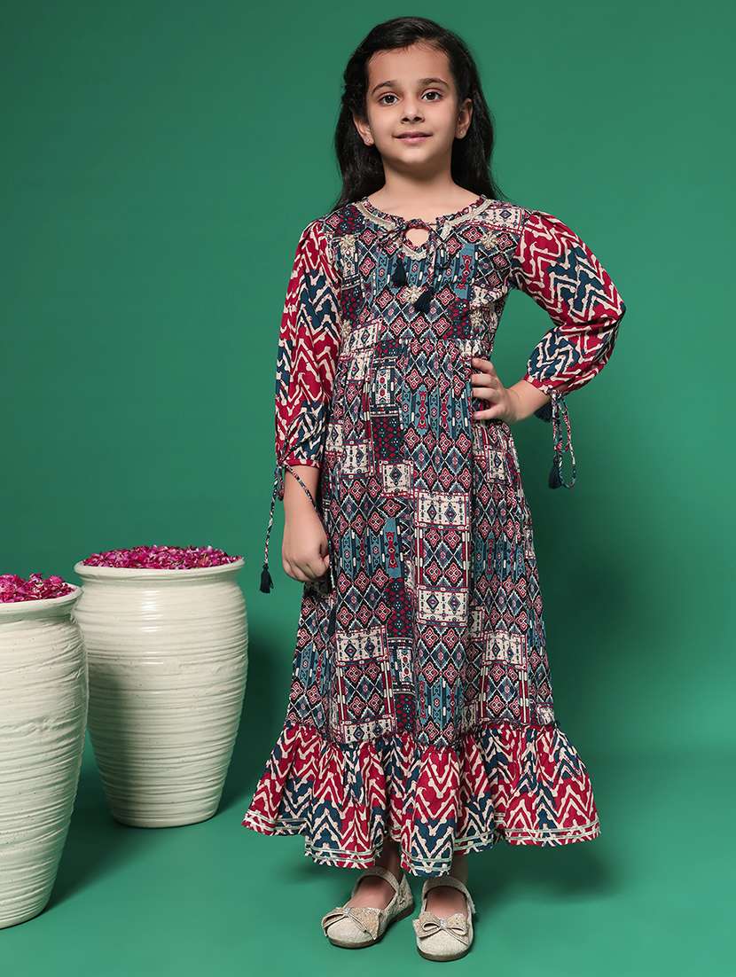 girls key hole neck printed frock