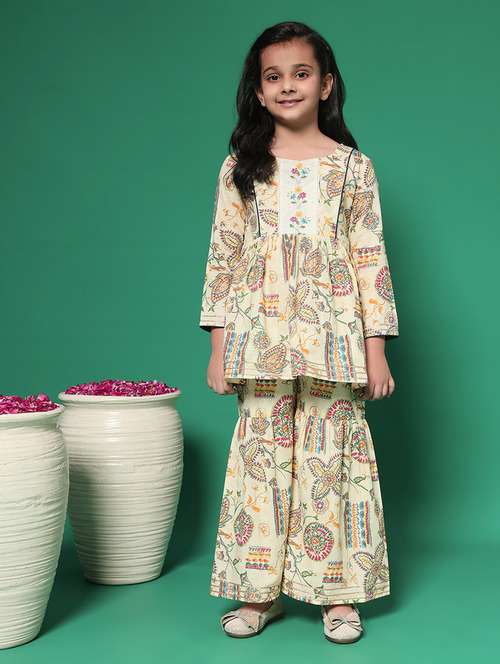 girls beige printed kurta sharara set - 21352852 - Standard Image - 0