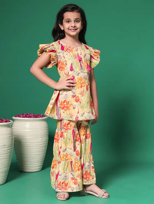 girls round neck printed kurta sharara set suit set - 21352854 - Standard Image - 0