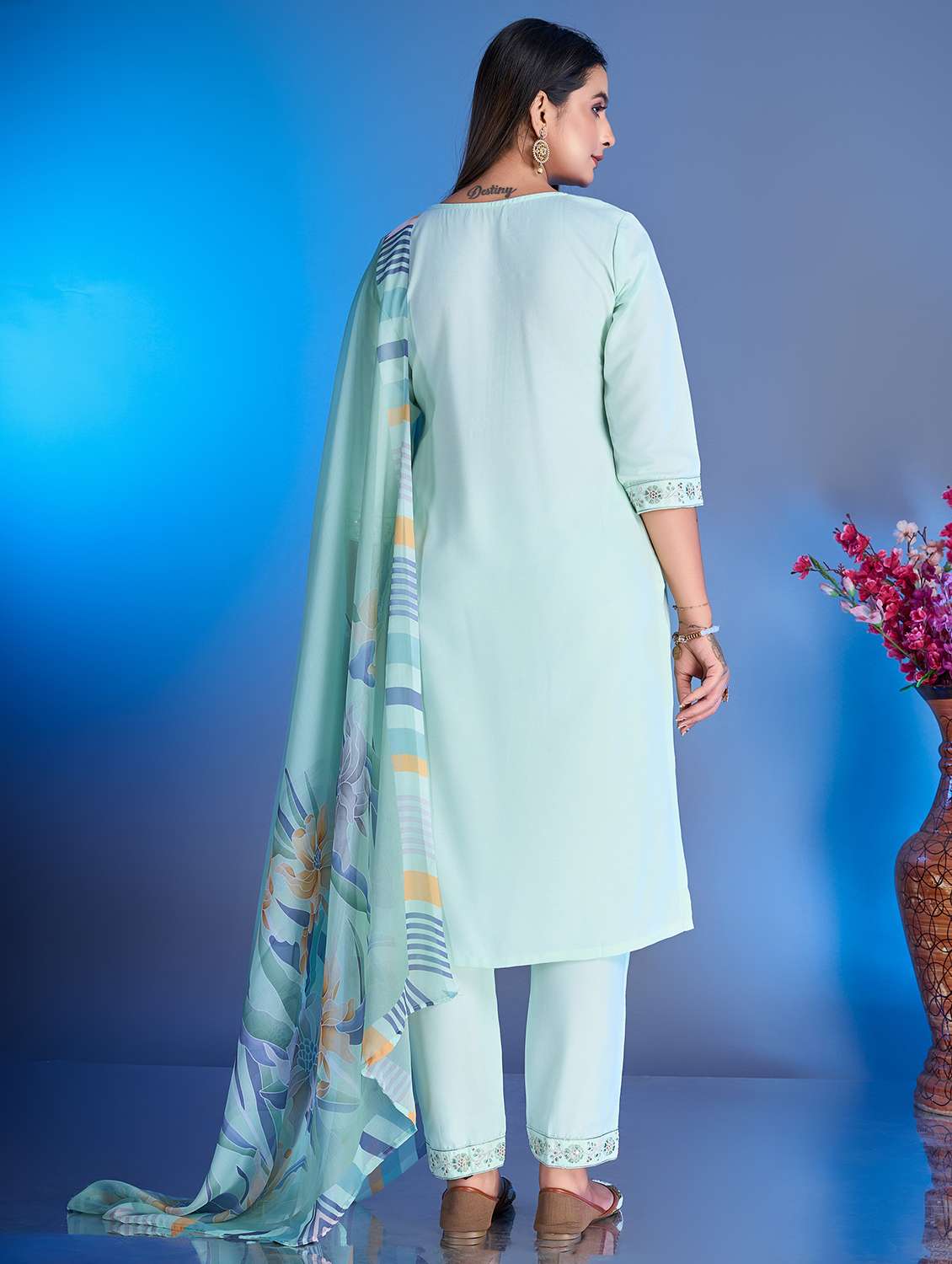 women sea green kurta pant set with dupatta - 21353710 -  Standard Image - 3