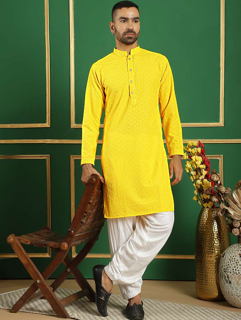men mandarin neck embroidered long kurta