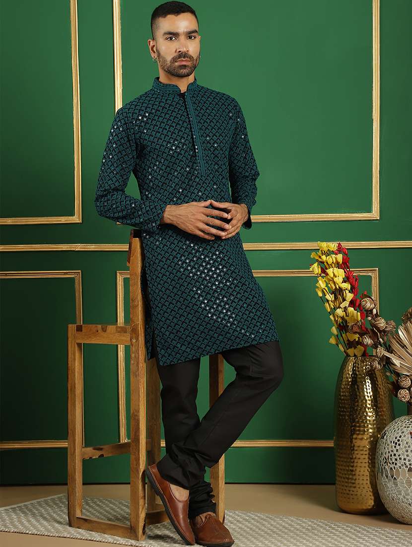 men solid with work mandarin neck long kurta - 21354504 - Zoom Image - 0