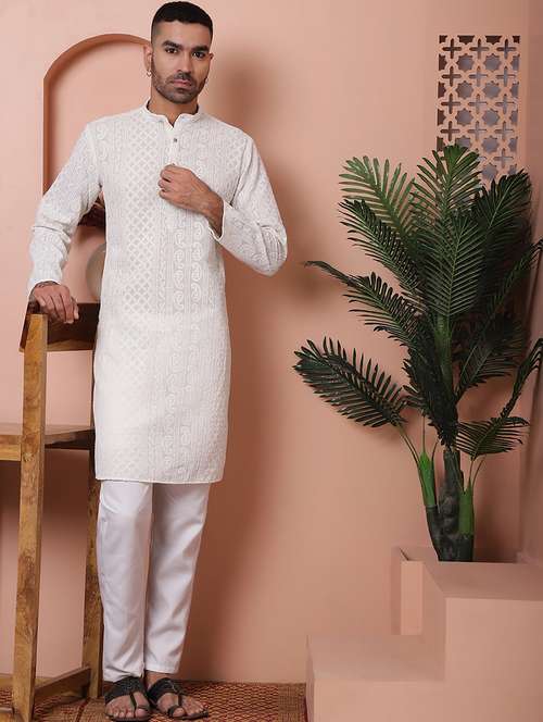 men mandarin neck embroidered long kurta - 21354518 - Standard Image - 0