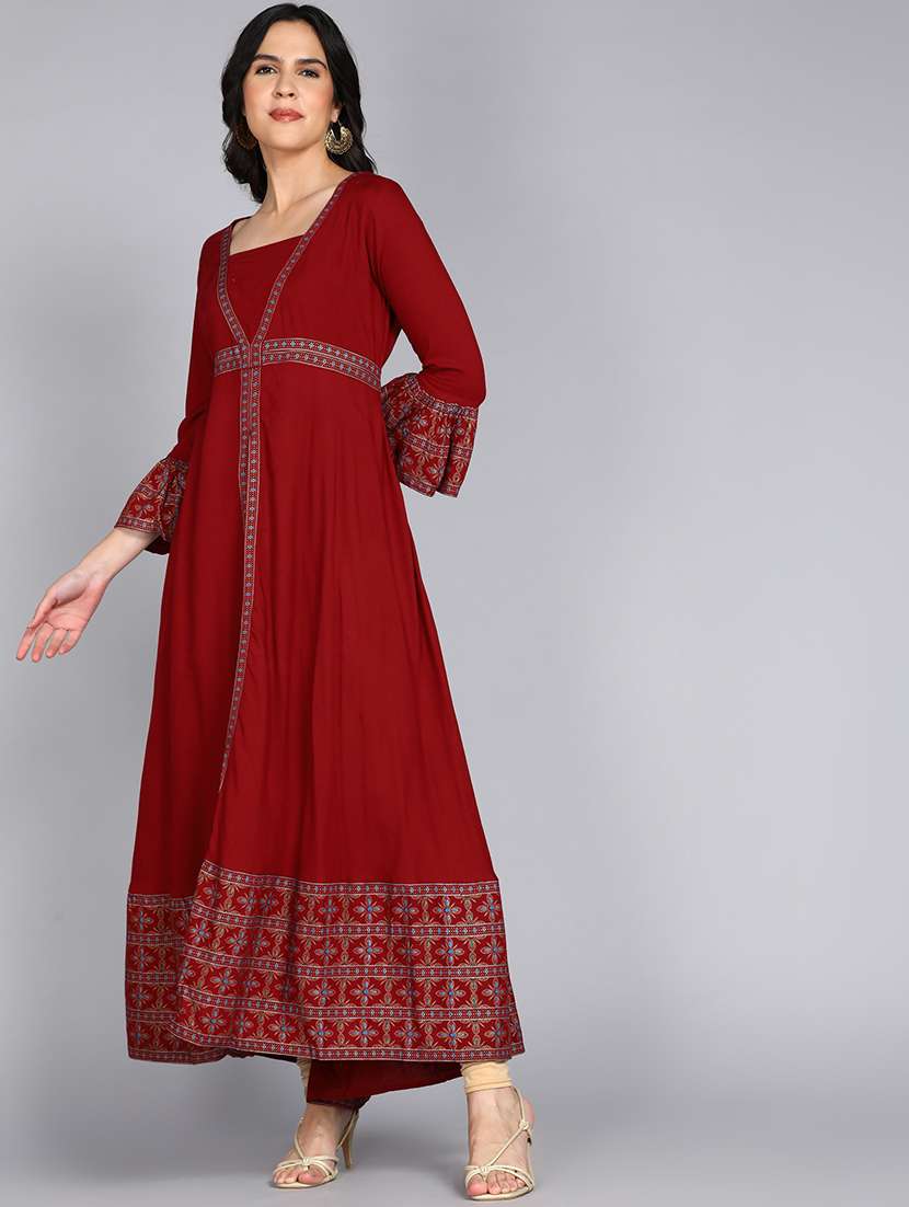women maroon bell sleeves flared kurta
