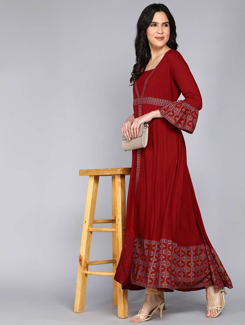 women maroon bell sleeves flared kurta - 21354703 -  Standard Image - 3
