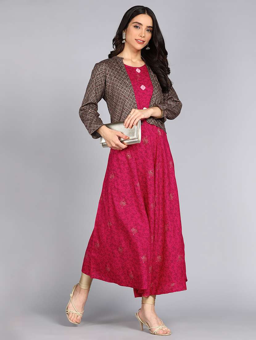 women pink round neck kurta jacket set