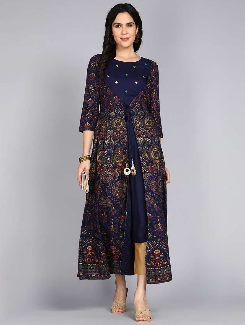 women blue round neck flared dress