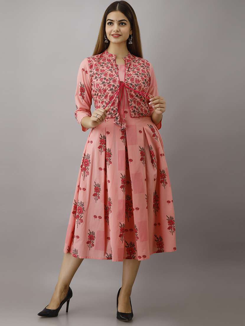 women pink mandarin neck flared dress