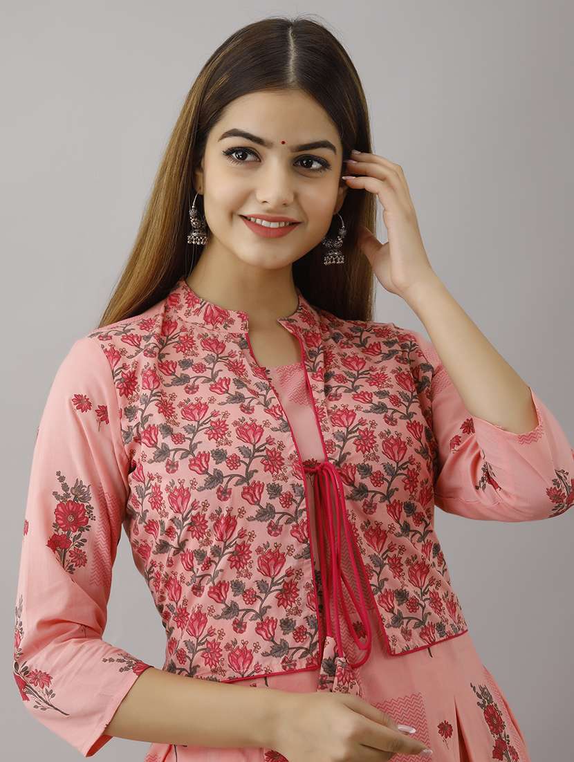 women pink mandarin neck flared dress - 21354730 -  Standard Image - 3