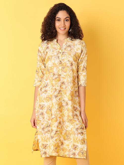 yellow printed straight kurta - 21355530 -  Standard Image - 0