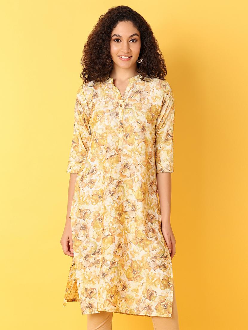 yellow printed straight kurta - 21355530 -  Zoom Image - 0