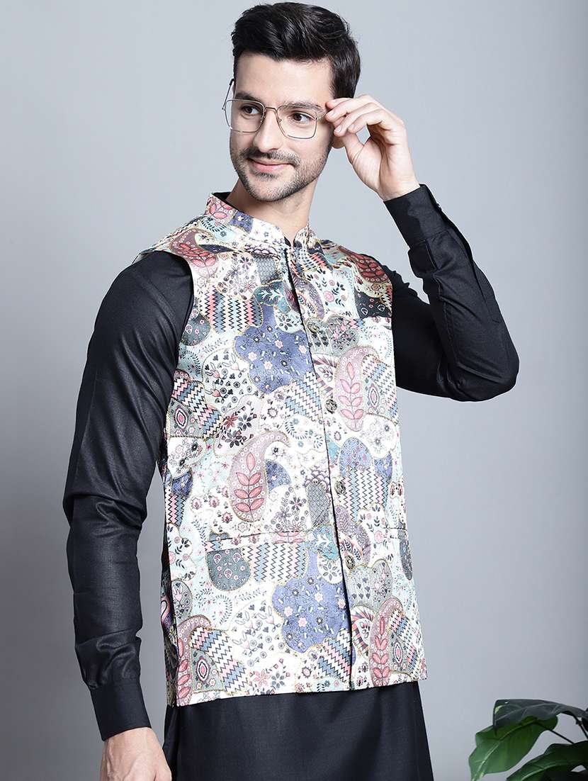 men printed silk nehru jacket