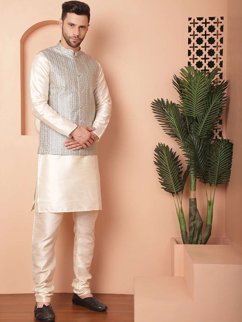 light blue silk blend nehru jacket - 21355652 - Standard Image - 3