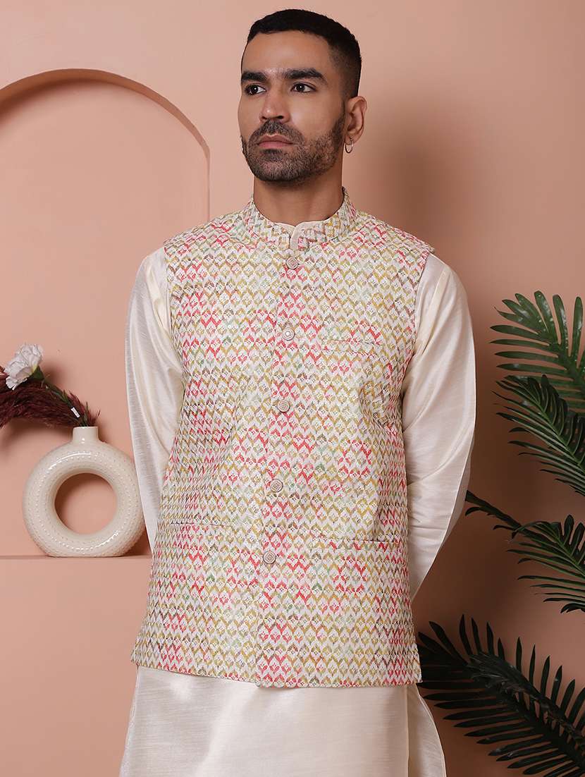 men mandarin neck printed nehru jacket - 21355666 - Zoom Image - 0