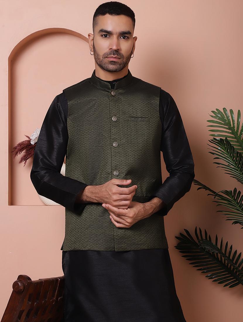olive self design silk nehru jacket - 21355669 - Zoom Image - 0
