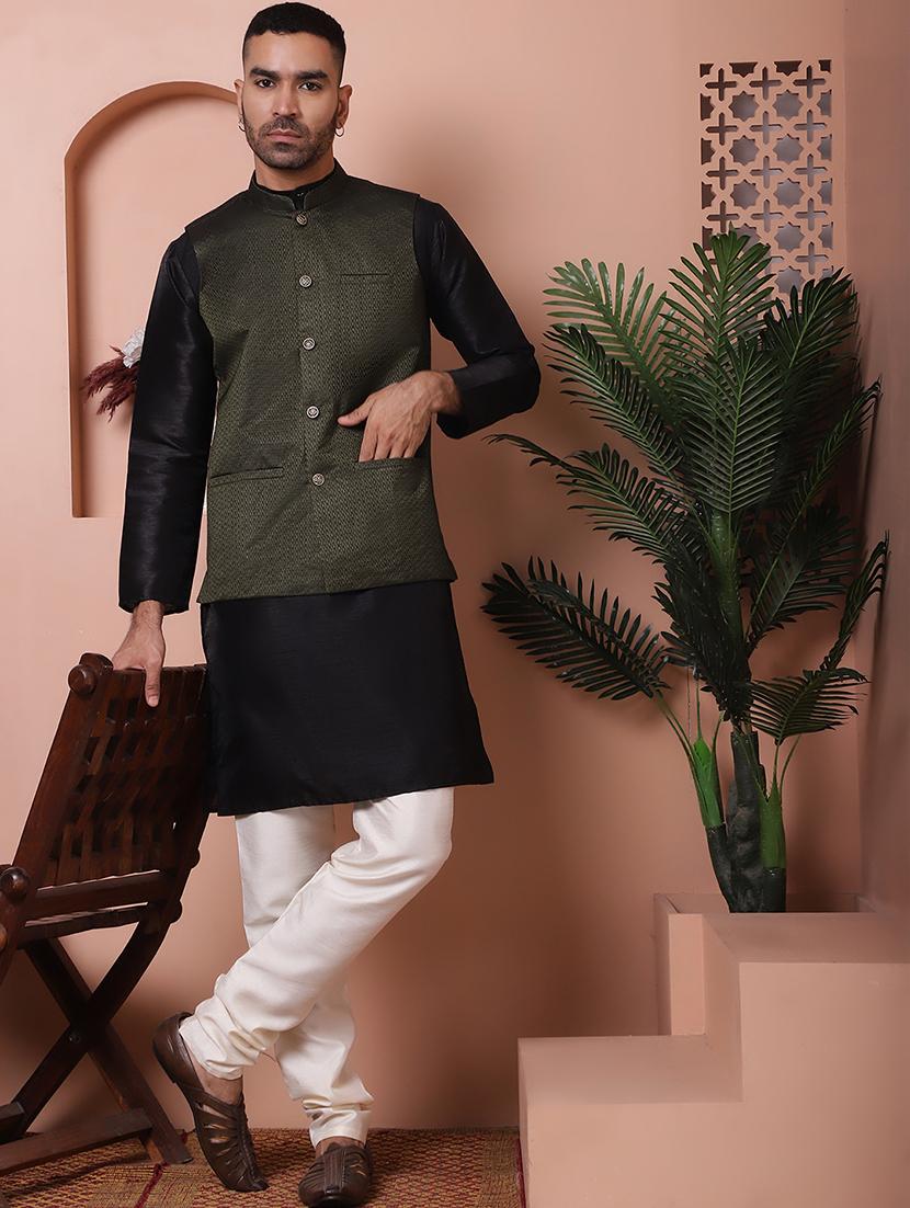 olive self design silk nehru jacket - 21355669 - Standard Image - 3