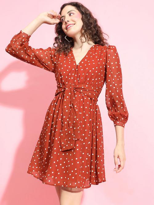 women rust polka dot fit & flare dress - 21356447 -  Standard Image - 0
