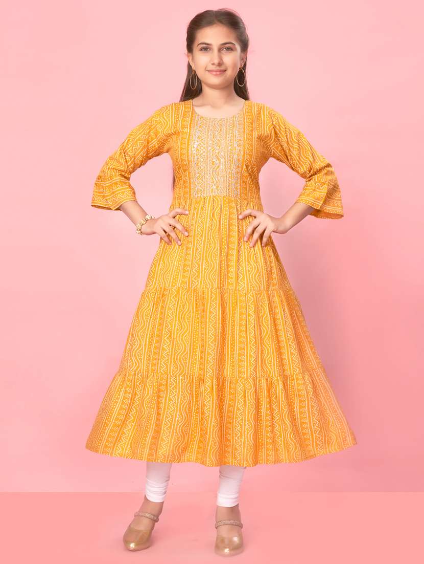 girls yellow bandhani printed tiered kurta