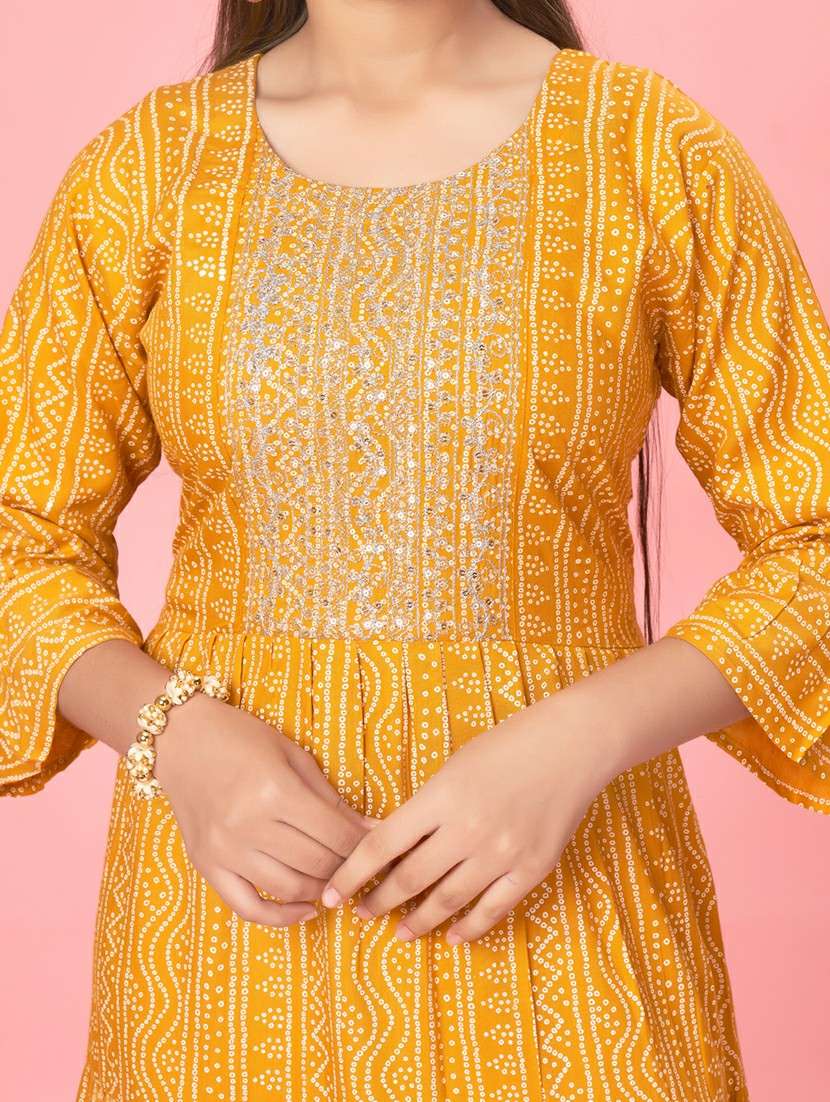 girls yellow bandhani printed tiered kurta - 21357070 -  Standard Image - 3