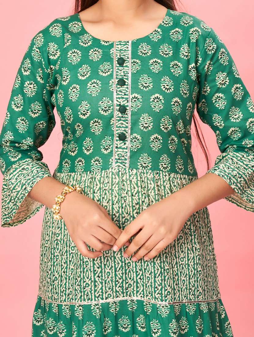 girls three quarter sleeve printed flared kurta - 21357076 -  Standard Image - 3