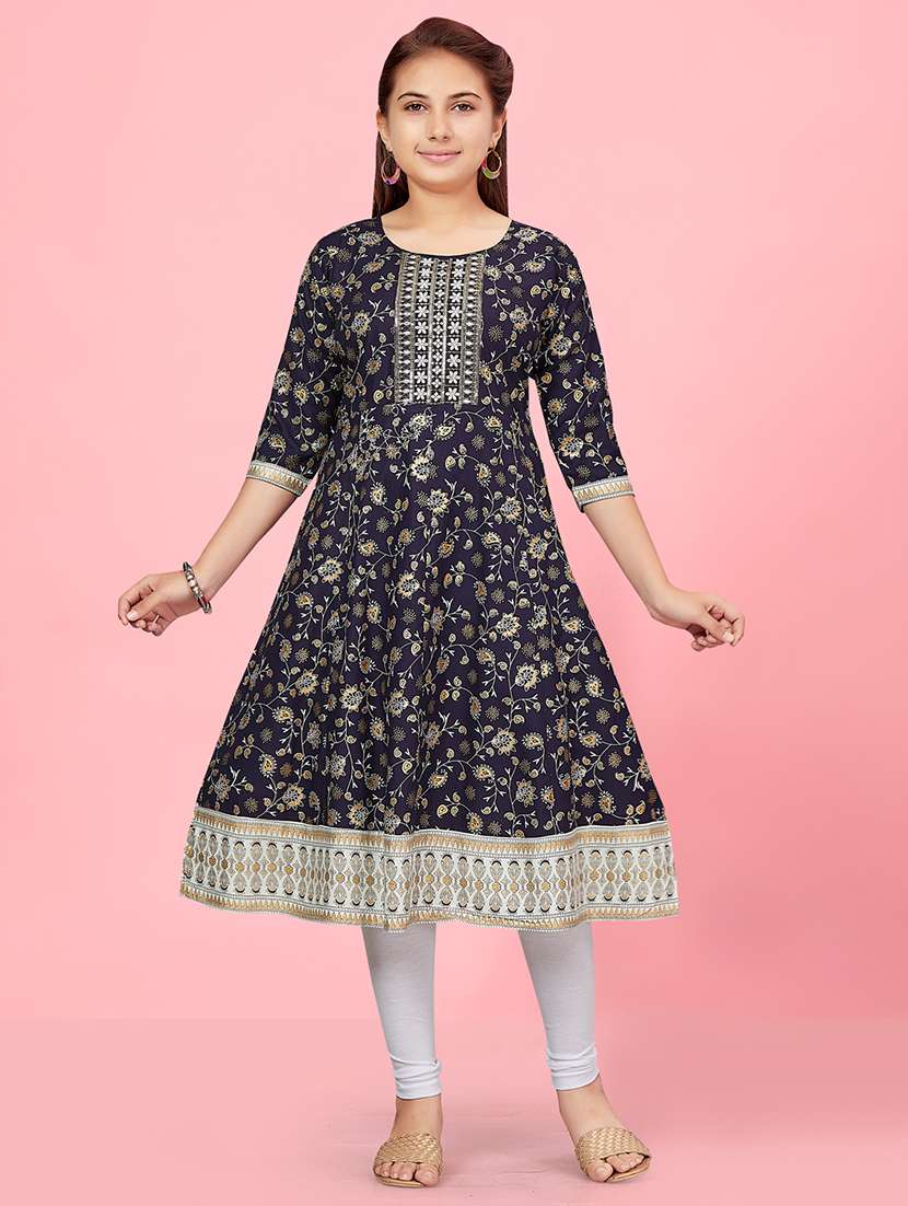 girls three quarter sleeve printed flared kurta