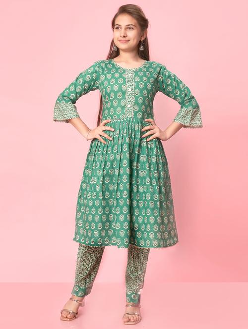 girls three quarter sleeve printed flared kurta - 21357119 -  Standard Image - 0