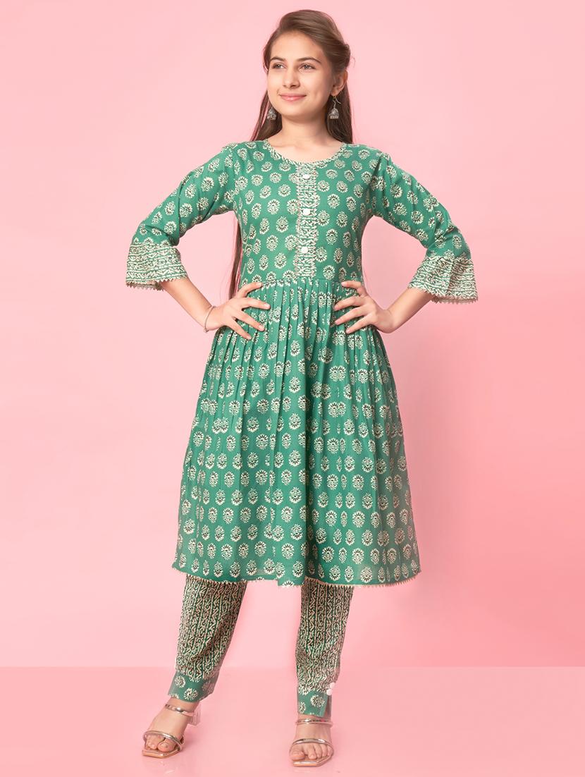 girls three quarter sleeve printed flared kurta - 21357119 -  Zoom Image - 0