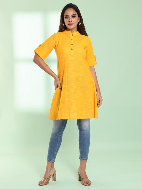 women yellow roll up slleeve a-line kurta - 21357898 - Standard Image - 0