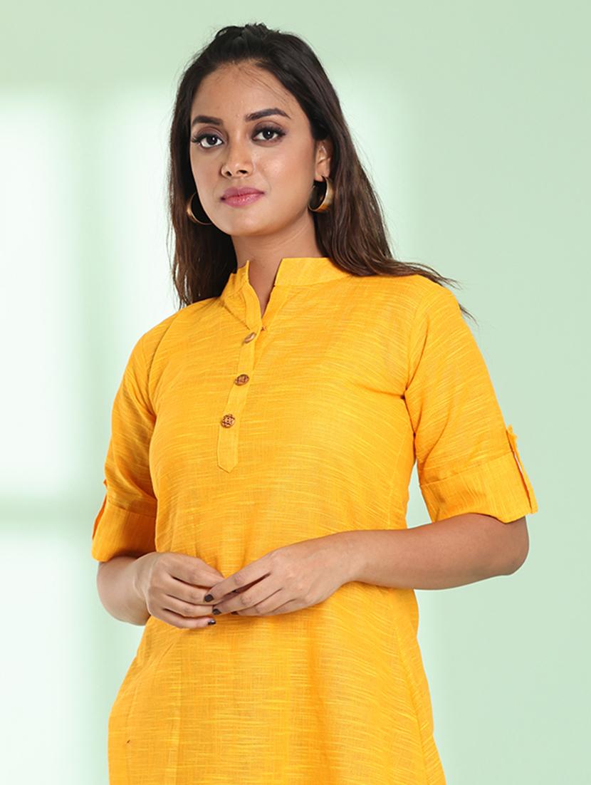 women yellow roll up slleeve a-line kurta - 21357898 - Standard Image - 3