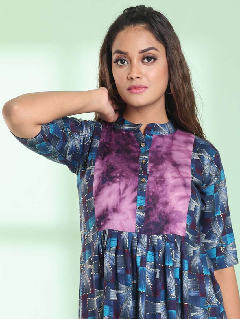 blue printed rayon a-line kurta - 21357912 -  Standard Image - 3