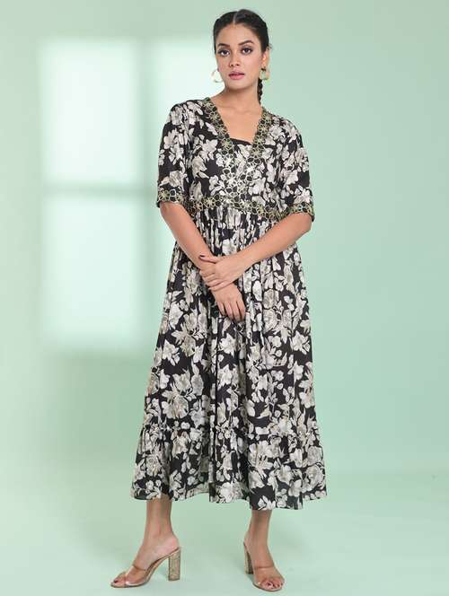 black floral tiered ethnic dress - 21357926 -  Standard Image - 0