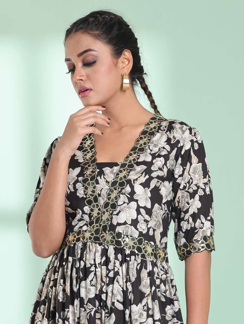 black floral tiered ethnic dress - 21357926 -  Standard Image - 3