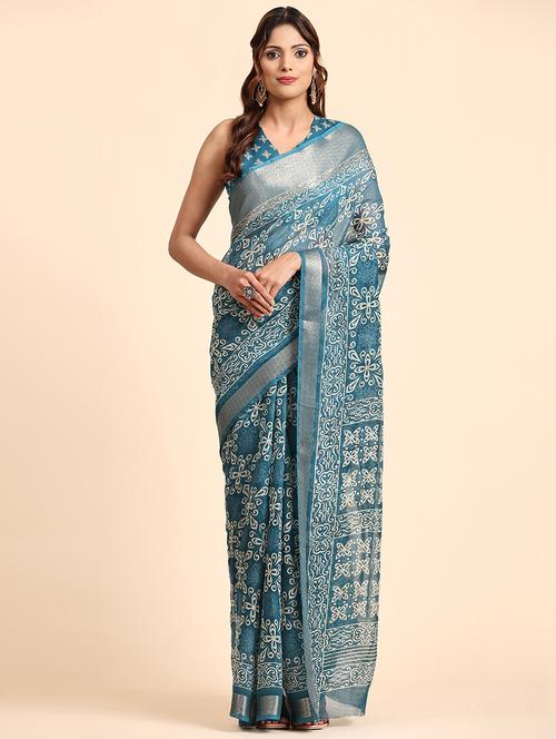 women light blue printed zari bordered saree with blouse - 21358979 -  Standard Image - 0