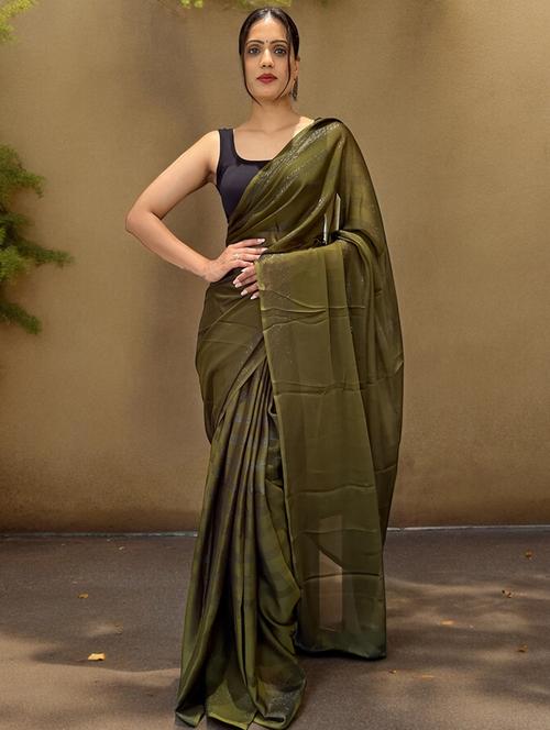 olive self design saree with blouse - 21359302 - Standard Image - 0