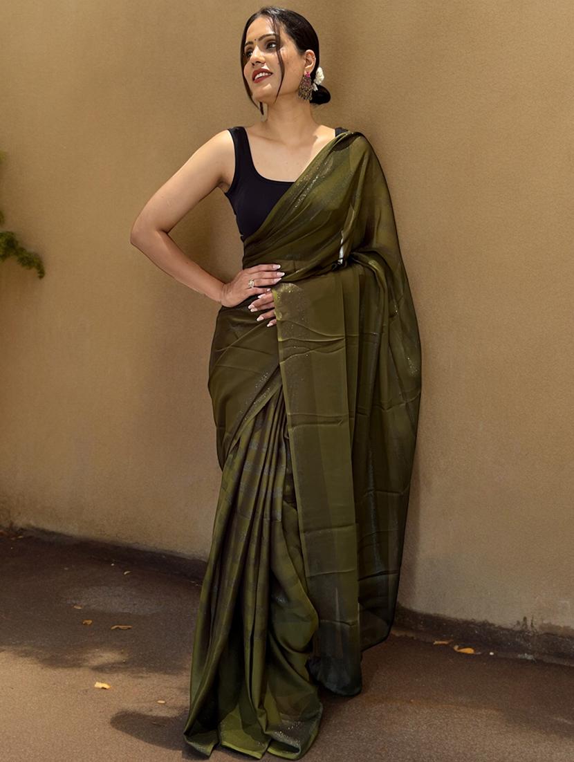olive self design saree with blouse - 21359302 - Standard Image - 3