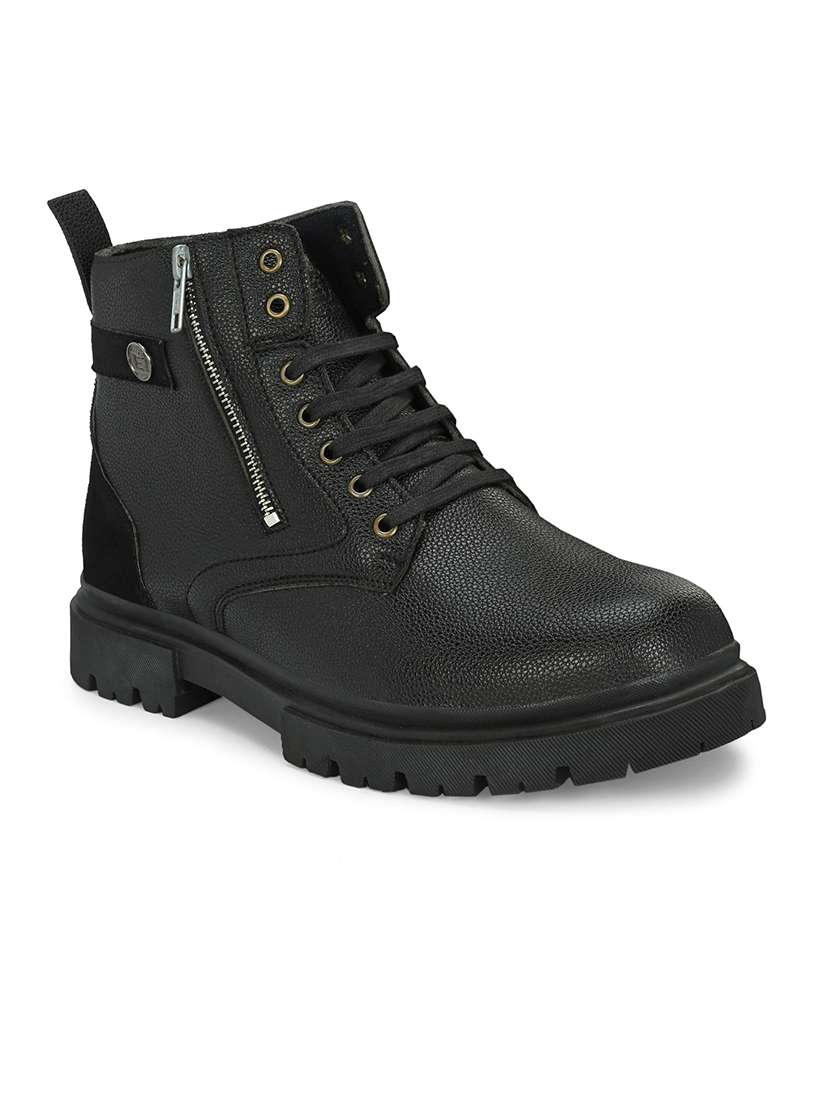 black synthetic high tops boots