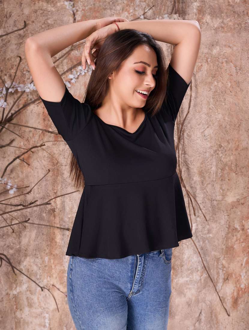 women solid puff sleeves peplum top - 21359999 -  Zoom Image - 0