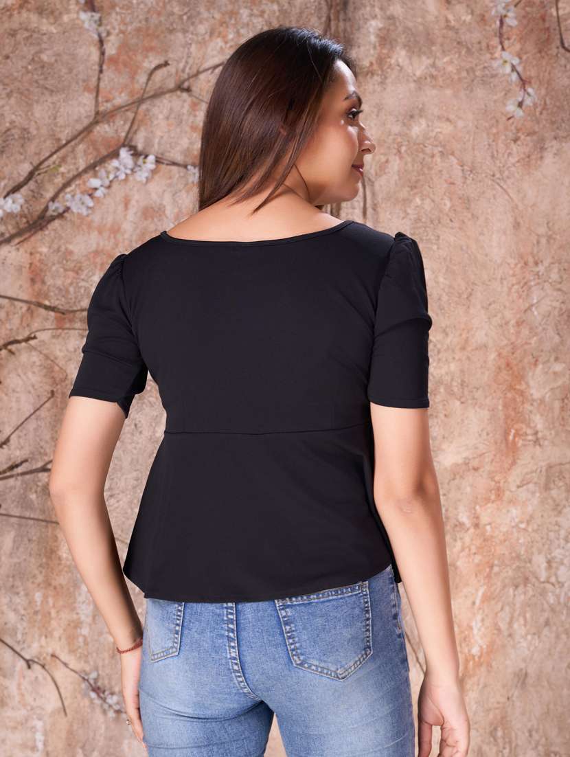 women solid puff sleeves peplum top - 21359999 - Standard Image - 3