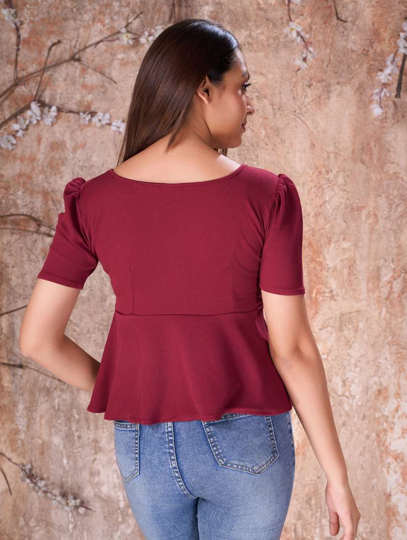 women solid puff sleeves peplum top - 21360000 - Standard Image - 3