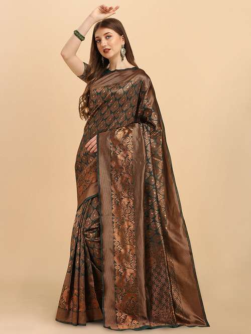 green jacquard banarasi saree with blouse - 21360717 - Standard Image - 0