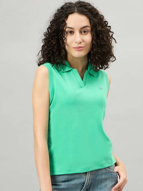 women solid sleeveless polo neck t-shirt - 21364001 -  Standard Image - 0