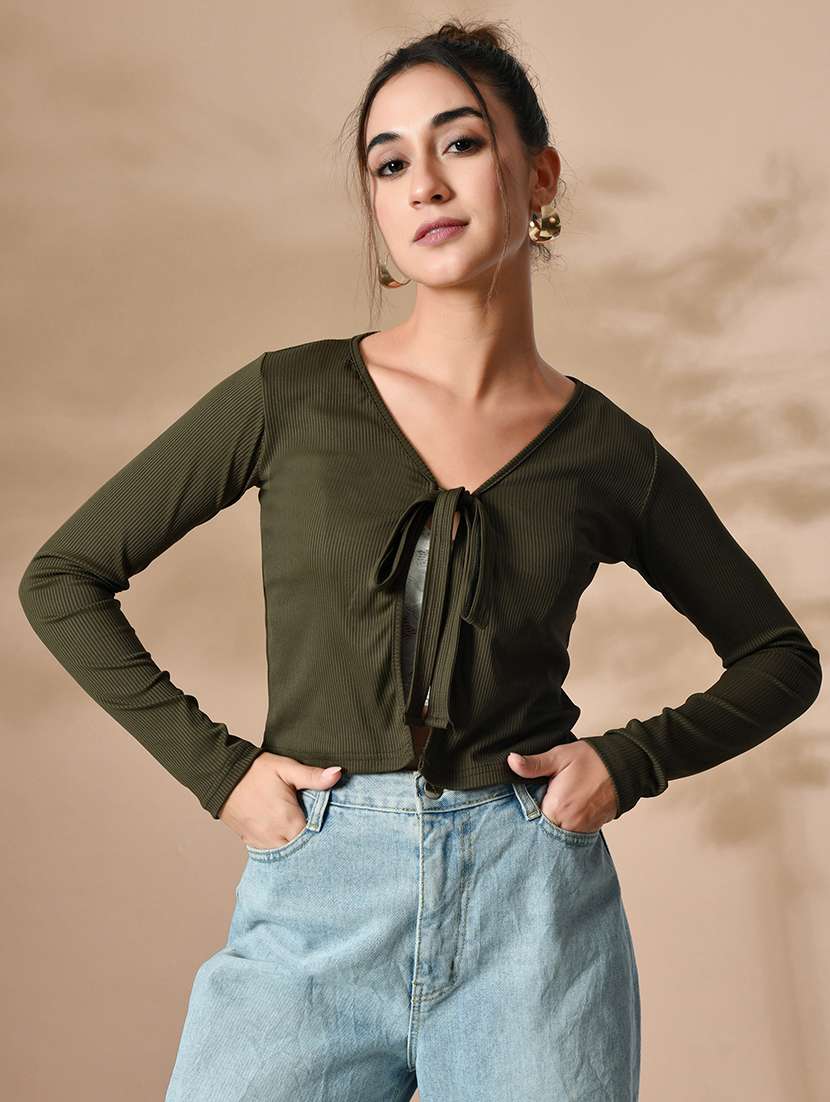 women solid long sleeves front tie up top - 21364518 - Zoom Image - 0