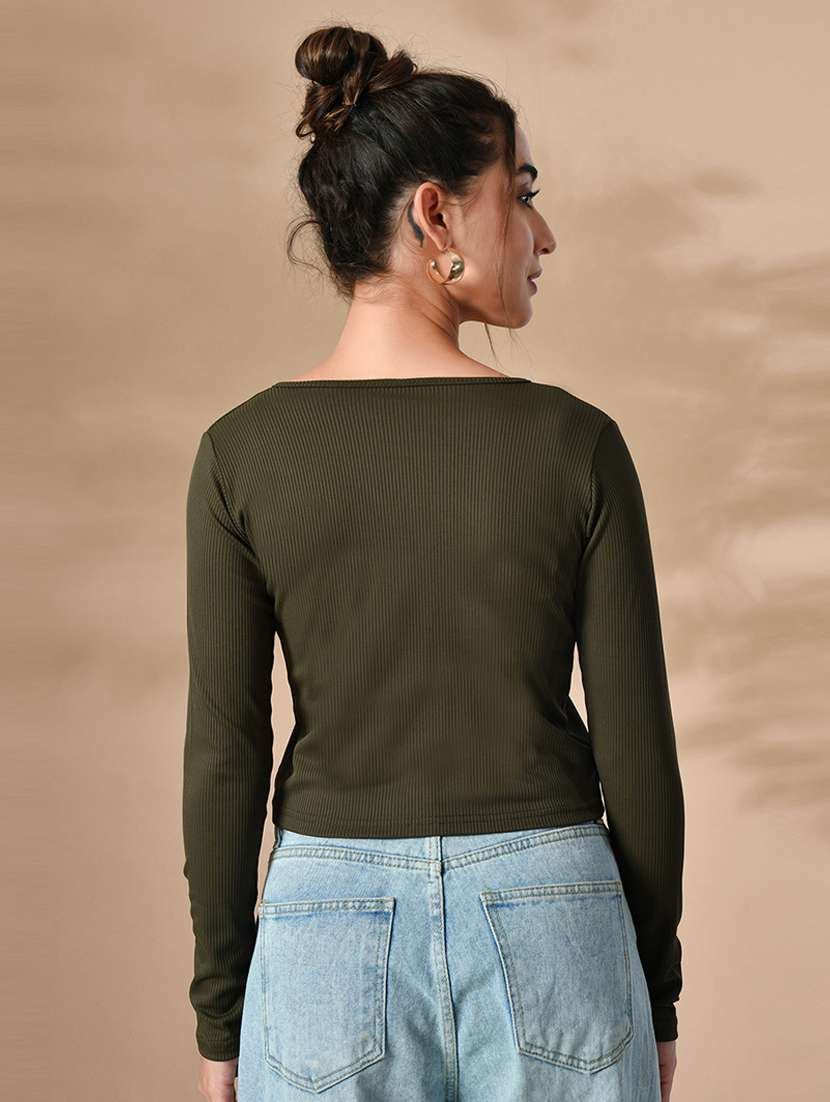 women solid long sleeves front tie up top - 21364518 - Standard Image - 3