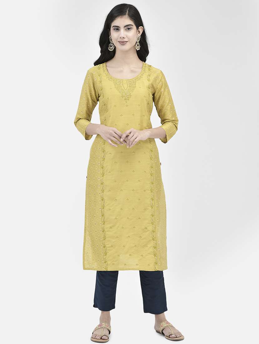 women embroidered three quarter sleeve straight kurta